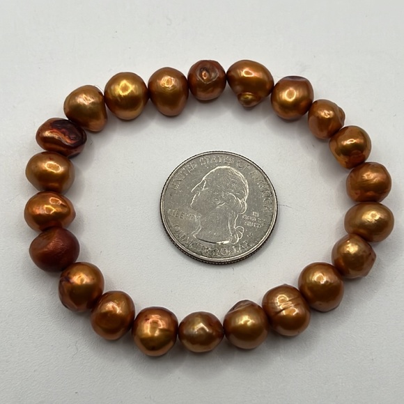 TWO BRONZE AND GOLD REAL FRESHWATER PEARL STRETCH BRACELETS-ONE WITH STERLING - Picture 2 of 12